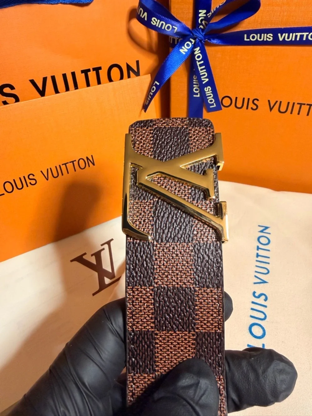 Louis Vuitton Brown Damier Ebene Belt with Gold LV Buckle Size 36-40 - Picture 2 of 4